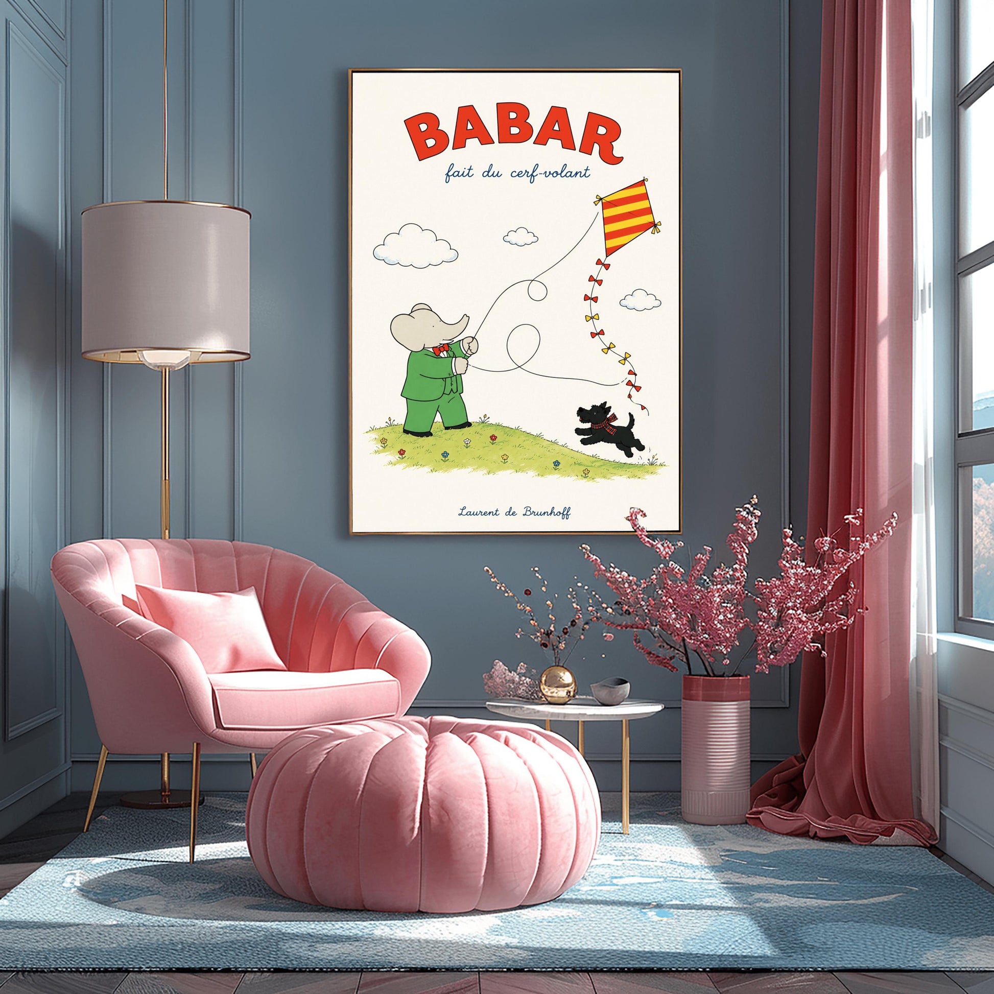 A vertical retro fine art exhibition poster titled "BABAR fait du cerf-volant" on a wide cream border. The top "BABAR" text is printed in a bold red font. The illustration shows an elephant in a green suit and red bowtie flying a red and yellow striped diamond kite on a green grassy hill with small flowers. A small black dog in a plaid scarf runs on the hill below, and the name "Laurent de Brunhoff" anchors the bottom.