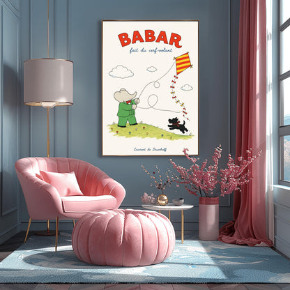 A vertical retro fine art exhibition poster titled "BABAR fait du cerf-volant" on a wide cream border. The top "BABAR" text is printed in a bold red font. The illustration shows an elephant in a green suit and red bowtie flying a red and yellow striped diamond kite on a green grassy hill with small flowers. A small black dog in a plaid scarf runs on the hill below, and the name "Laurent de Brunhoff" anchors the bottom.
