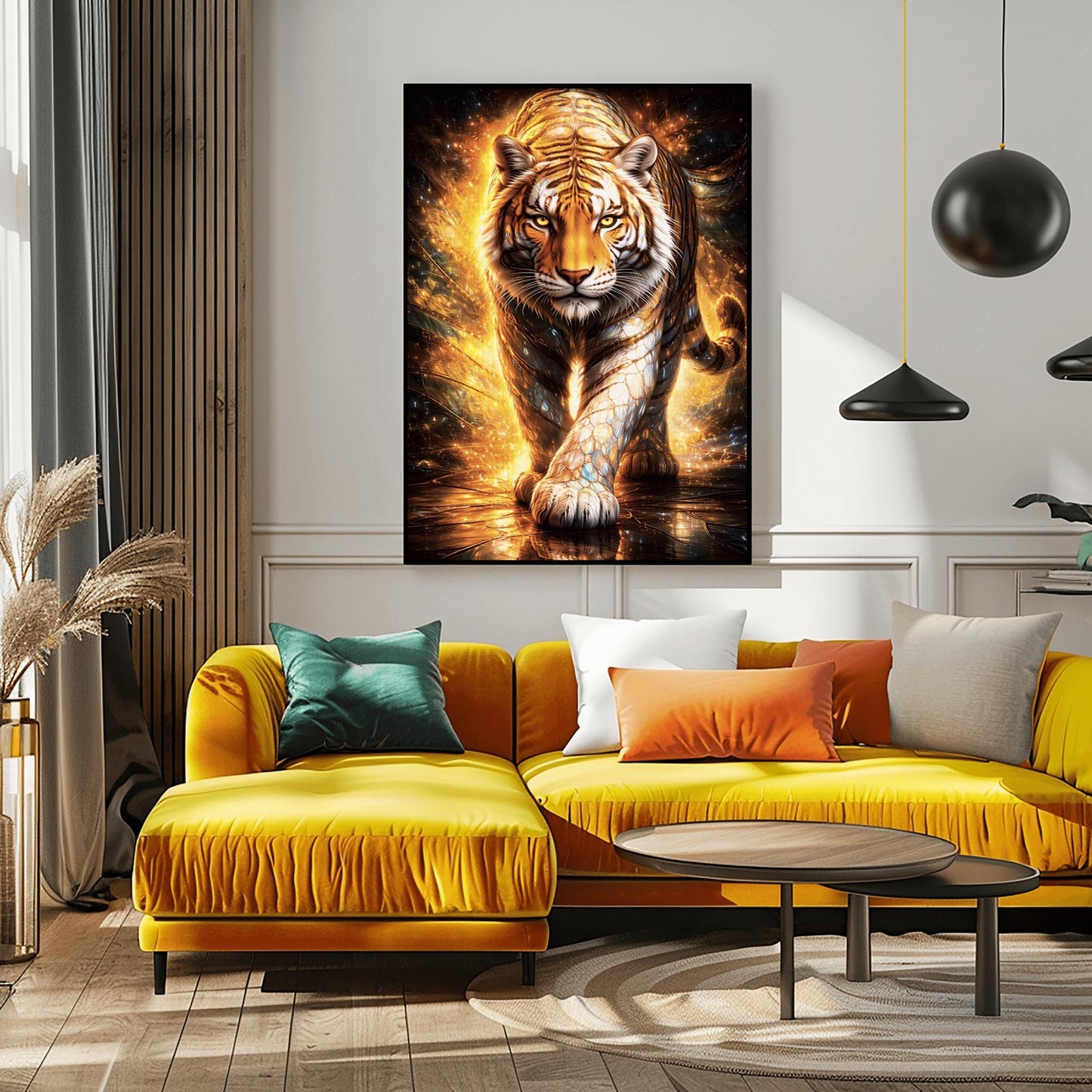 A vertical full-bleed illustration of a tiger in the style of Gustav Klimt. The tiger is prowling forward toward the viewer, its body covered in golden mosaic patterns and glowing orange light. The background is a swirl of amber sparks and gold-leaf textures.