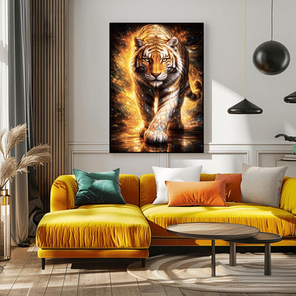 A vertical full-bleed illustration of a tiger in the style of Gustav Klimt. The tiger is prowling forward toward the viewer, its body covered in golden mosaic patterns and glowing orange light. The background is a swirl of amber sparks and gold-leaf textures.