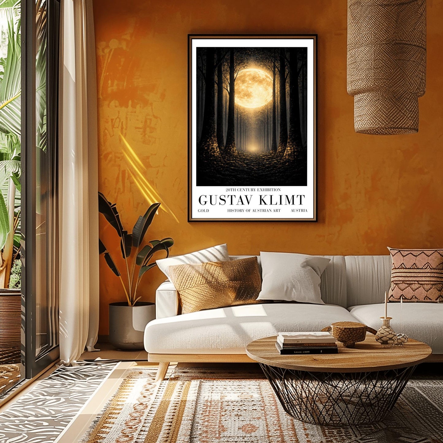 A vertical art print in the style of Gustav Klimt showing a dark forest at night. Tall, dark, silhouetted tree trunks frame a central path that leads toward a bright light in the distance. A massive, glowing golden moon with intricate textures dominates the upper center of the image. The base of the trees and the forest floor are sprinkled with shimmering gold mosaic patterns and light specks, contrasting sharply against the dark background.