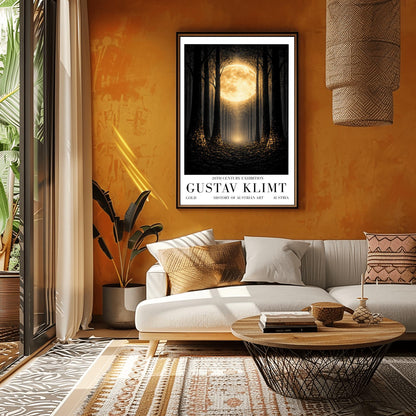 A vertical art print in the style of Gustav Klimt showing a dark forest at night. Tall, dark, silhouetted tree trunks frame a central path that leads toward a bright light in the distance. A massive, glowing golden moon with intricate textures dominates the upper center of the image. The base of the trees and the forest floor are sprinkled with shimmering gold mosaic patterns and light specks, contrasting sharply against the dark background.