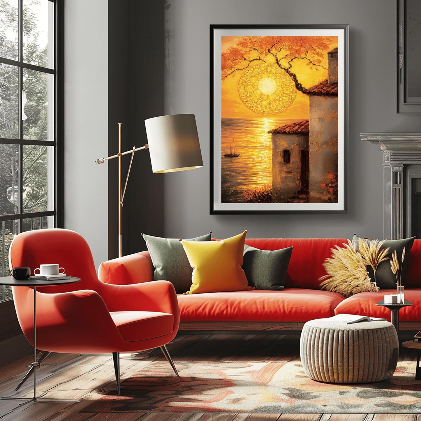A vertical fine art print in the style of Gustav Klimt. A large, intricate golden mosaic sun hangs in an orange sky, partially framed by a dark tree branch. In the foreground, a rustic white villa with a red roof stands next to a golden sea where a small sailboat is visible. The entire scene is bathed in warm gold and amber light.