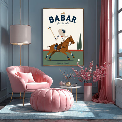 A vertical storybook-style art print of Babar the Elephant playing polo. Babar is riding a chestnut brown horse, wearing a white jersey with the number 3, a red bow tie, and a navy riding helmet. He holds a polo mallet in one hand. The horse has navy and white striped leg wraps. The background features a green field, a red horizon line, and two green cypress trees under a cream sky. The top reads "BABAR fait du polo" with a gold crown.