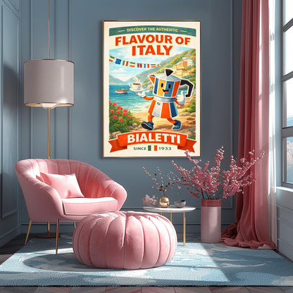 Bialetti Flavour of Italy Poster - Italian Riviera Coffee Art - Retro Moka Pot Mascot Print - Amalfi Coast Kitchen Decor - Whimsical Espresso Bar Wall Art - Vintage Travel Illustration