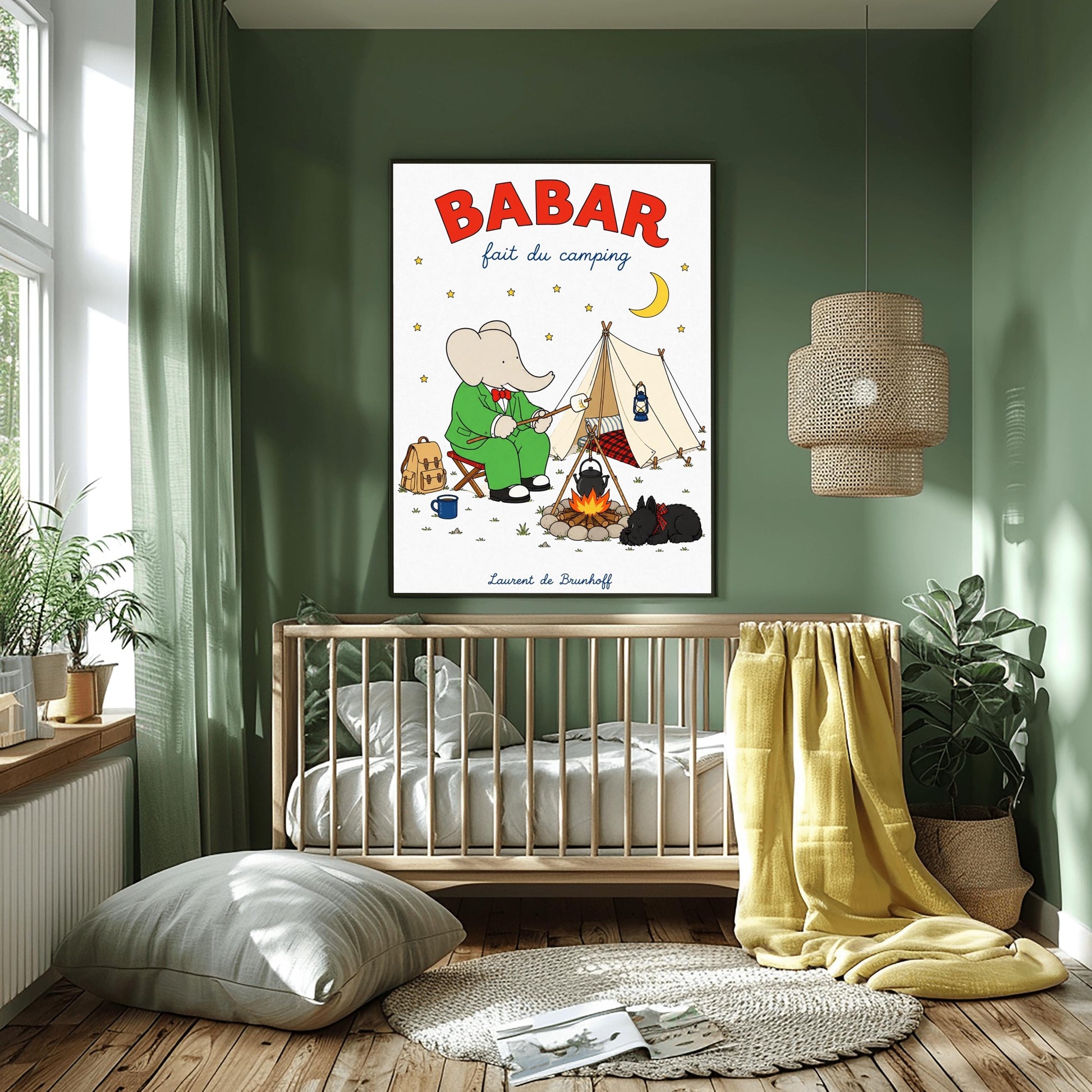 A vertical retro fine art exhibition poster titled "BABAR fait du camping" on a wide cream border. The top "BABAR" text is printed in a bold red font. The illustration shows an elephant in a green suit and red bowtie sitting on a stool by a campfire, toasting a marshmallow next to a white tent under a starry night sky with a yellow crescent moon. A small black dog in a plaid scarf sleeps nearby, and the name "Laurent de Brunhoff" anchors the bottom.