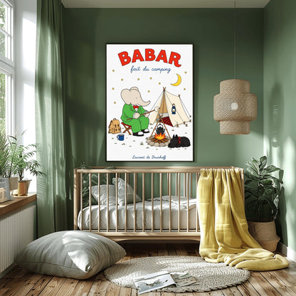 A vertical retro fine art exhibition poster titled "BABAR fait du camping" on a wide cream border. The top "BABAR" text is printed in a bold red font. The illustration shows an elephant in a green suit and red bowtie sitting on a stool by a campfire, toasting a marshmallow next to a white tent under a starry night sky with a yellow crescent moon. A small black dog in a plaid scarf sleeps nearby, and the name "Laurent de Brunhoff" anchors the bottom.