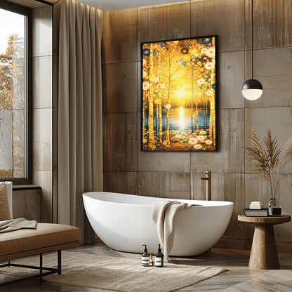 A vertical fine art landscape in the style of Gustav Klimt. Slender birch trees with textured gold leaf bark stand in the foreground. A brilliant sun sets over a calm blue lake in the background, creating a glowing reflection. The scene is decorated with stylized white daisies and blue circular floral motifs in an ornamental, symbolic style.