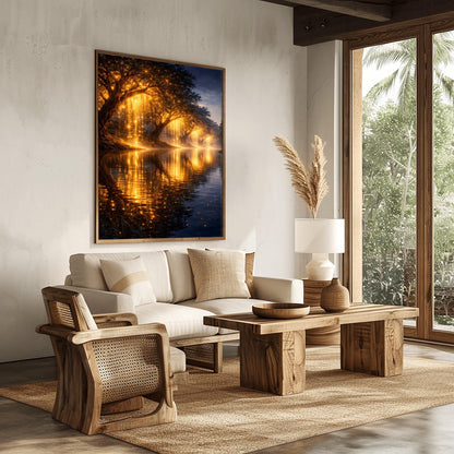 A vertical full-bleed landscape illustration in the style of Gustav Klimt. A row of weeping willow trees with branches made of liquid gold and sparkling embers lines a dark, tranquil river. The golden light reflects brilliantly on the water's surface under a dark twilight sky.