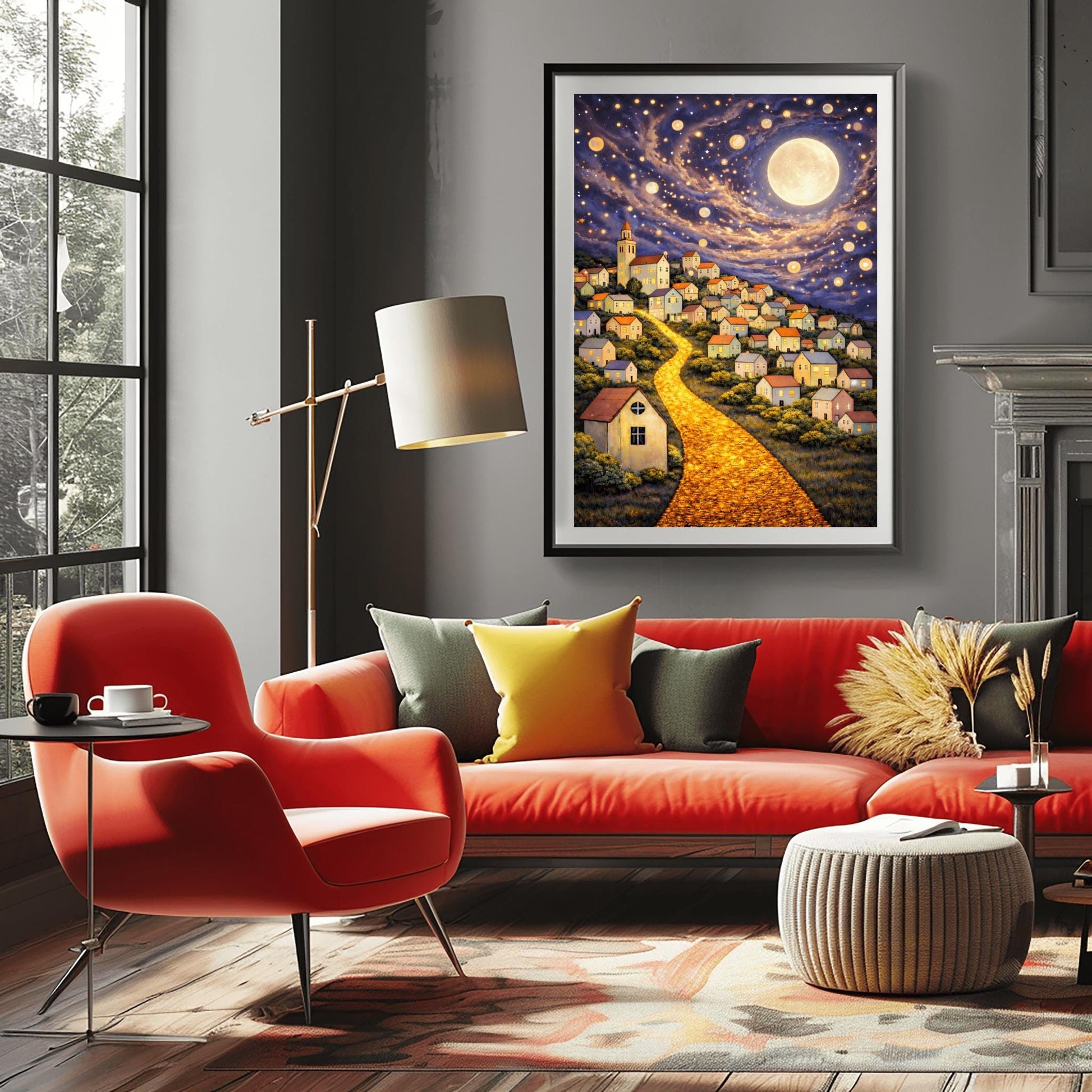 A vertical fine art print in the style of Gustav Klimt. A glowing road made of golden cobblestones winds up a steep hillside filled with small, charming houses. A massive, luminous full moon hangs in a purple and blue sky filled with stars and golden floating orbs.