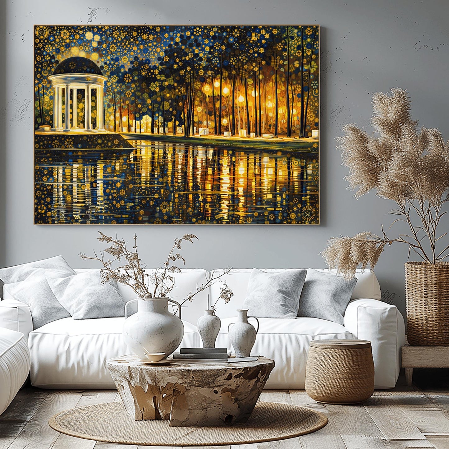 A horizontal fine art print in the style of Gustav Klimt. On the left, a white classical domed pavilion with columns glows brightly. It sits beside a dark lake that reflects the light in golden ripples. To the right is a forest of thin trees. The entire sky is a dense mosaic of golden flower patterns and stars.