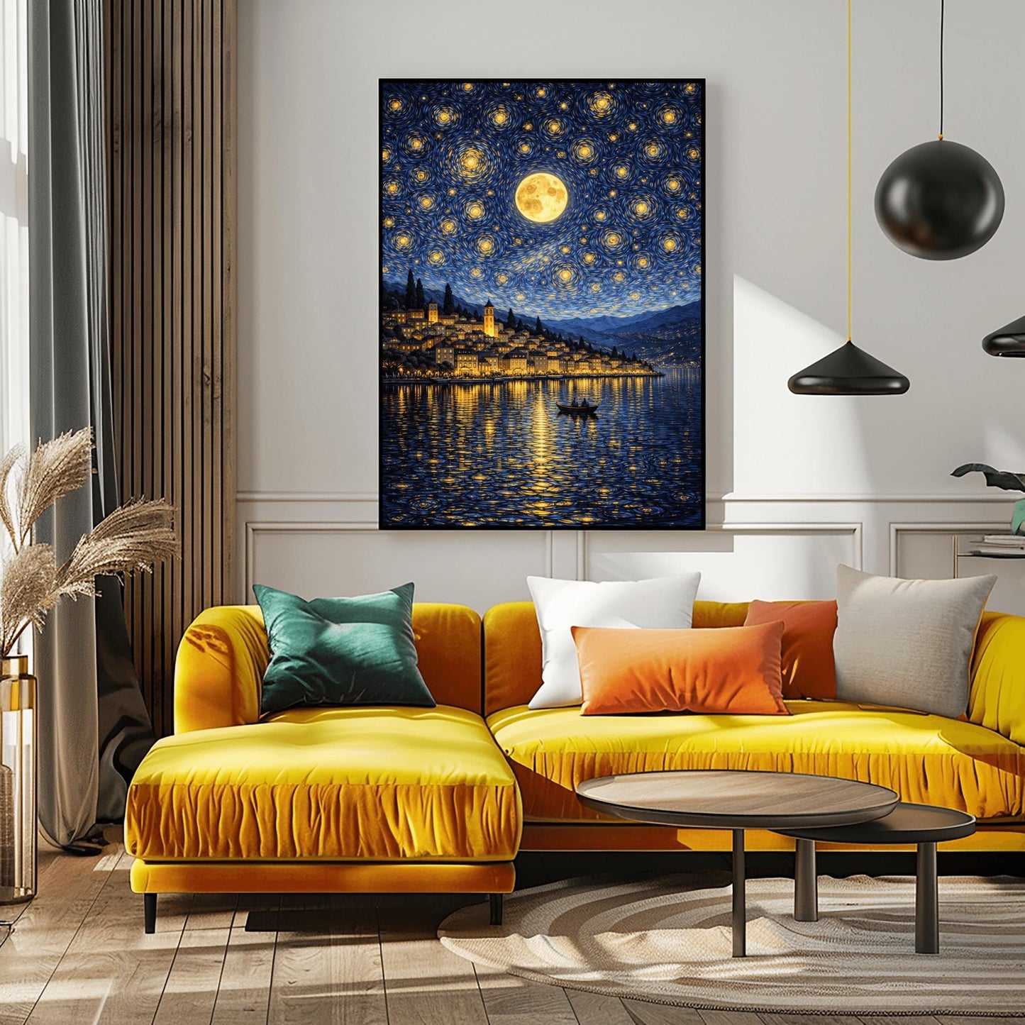 A vertical digital illustration of a coastal town at night in an impressionist style. A large full moon and many swirling yellow stars fill a deep blue sky. The golden lights of the hillside buildings reflect in the water below. A small rowboat with two people is in the foreground.