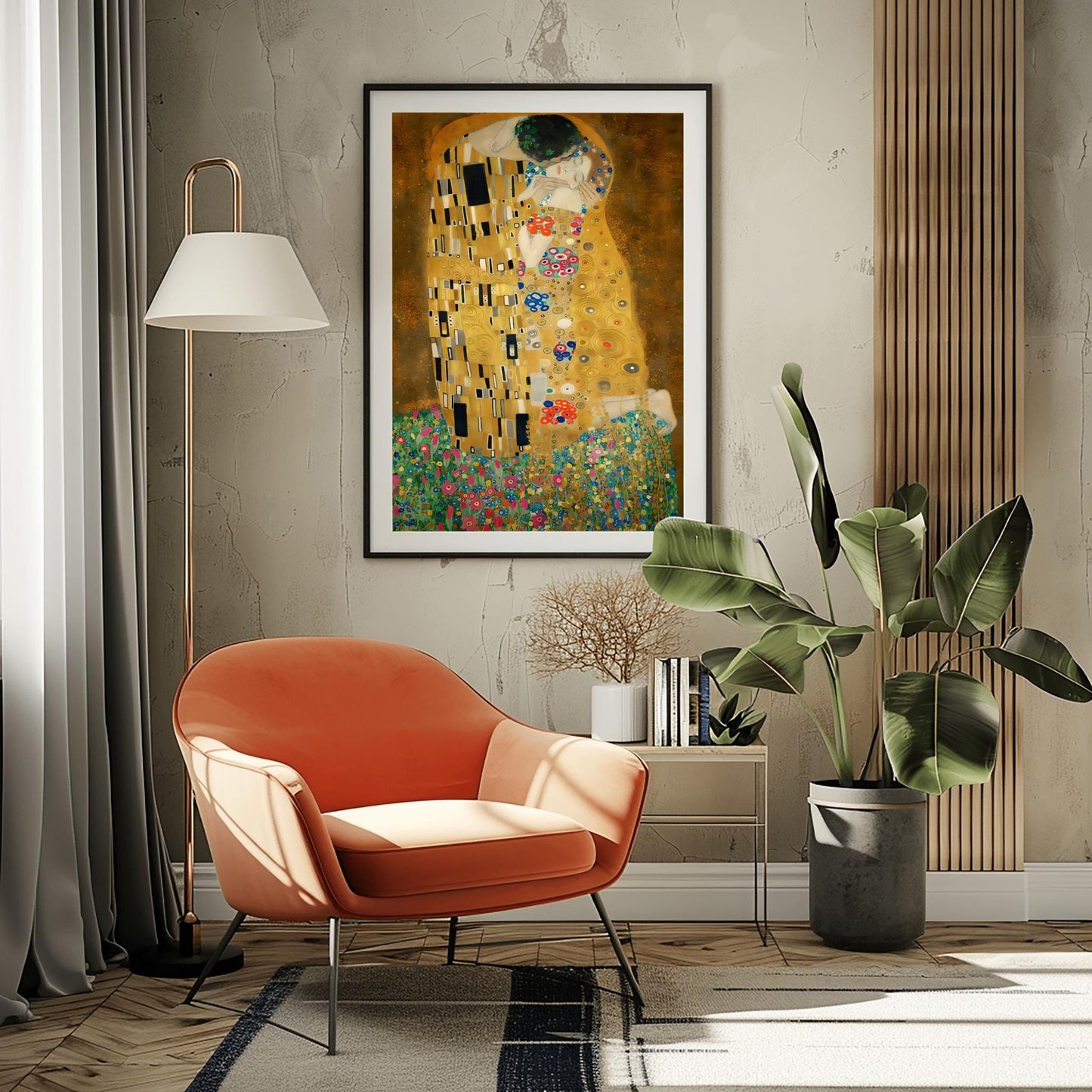 A vertical fine art print of "The Kiss" by Gustav Klimt. Two lovers are shown in an intimate embrace, their bodies covered in elaborate, decorative gold robes. The man's robe features black and white geometric shapes, while the woman's features colorful floral circles. They kneel on a lush bed of colorful wildflowers against a dark, shimmering gold background. The style is rich in mosaic-like patterns and Art Nouveau ornamentation.