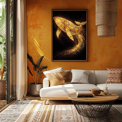 A vertical full-bleed illustration of a large whale in the style of Gustav Klimt. The whale is composed of gold mosaic patterns and spirals, swimming through a dark black ocean. Behind it, a long, curved trail of sparkling golden particles and embers flows through the water.