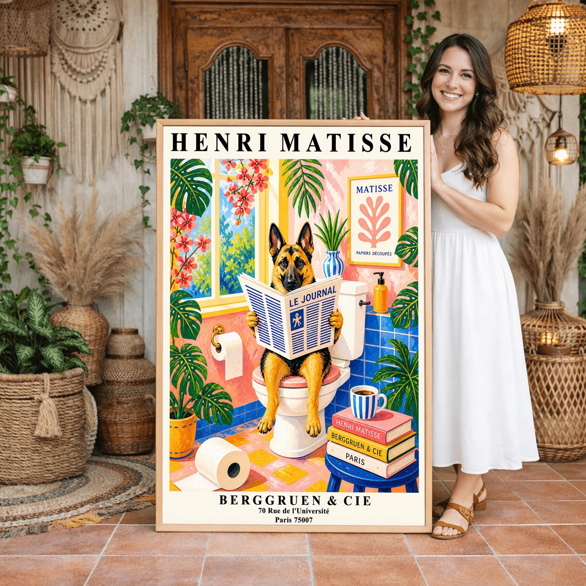A vertical maximalist art print designed as a Henri Matisse exhibition poster. A tan and black German Shepherd is sitting upright on a white toilet, holding and reading a newspaper titled "Le Journal." The bathroom is vibrantly colored with pink walls, blue wall tiles, and a pink and yellow checkered floor. The room is filled with large green tropical plants and red flowers. A stack of art books and a striped mug sit on a blue stool.