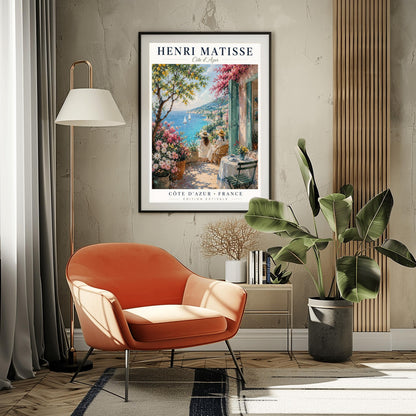A vertical retro French exhibition poster for Henri Matisse Côte d'Azur on a wide ivory border, as seen in Screenshot 2026-06-06 at 23.18.59.png. The main image shows a beautiful summer illustration of a stone terrace overlooking the blue Mediterranean Sea where two white sailboats float. On the terrace, two women wearing white dresses and straw hats sit facing the water. To the left stands a green lemon tree with yellow fruit and large pots of pink and white flowers.