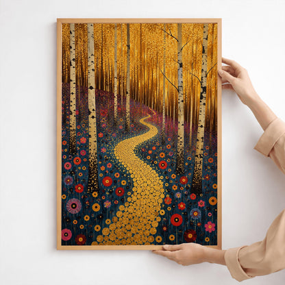 A vertical canvas landscape painting in the style of Gustav Klimt. A winding path made of small, glittering gold circular mosaic tiles snakes from the foreground up a forest hill. Slender white and black birch tree trunks stand vertically across the landscape. The hillside ground is dark navy blue and covered in round, target-shaped flowers in shades of red, orange, and pink. The top third of the painting is a dense, shimmering canopy of tiny golden-yellow autumn leaves.