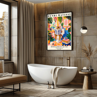 Tabby Cat on Toilet Art Print: Funny Matisse Style Bathroom Wall Art