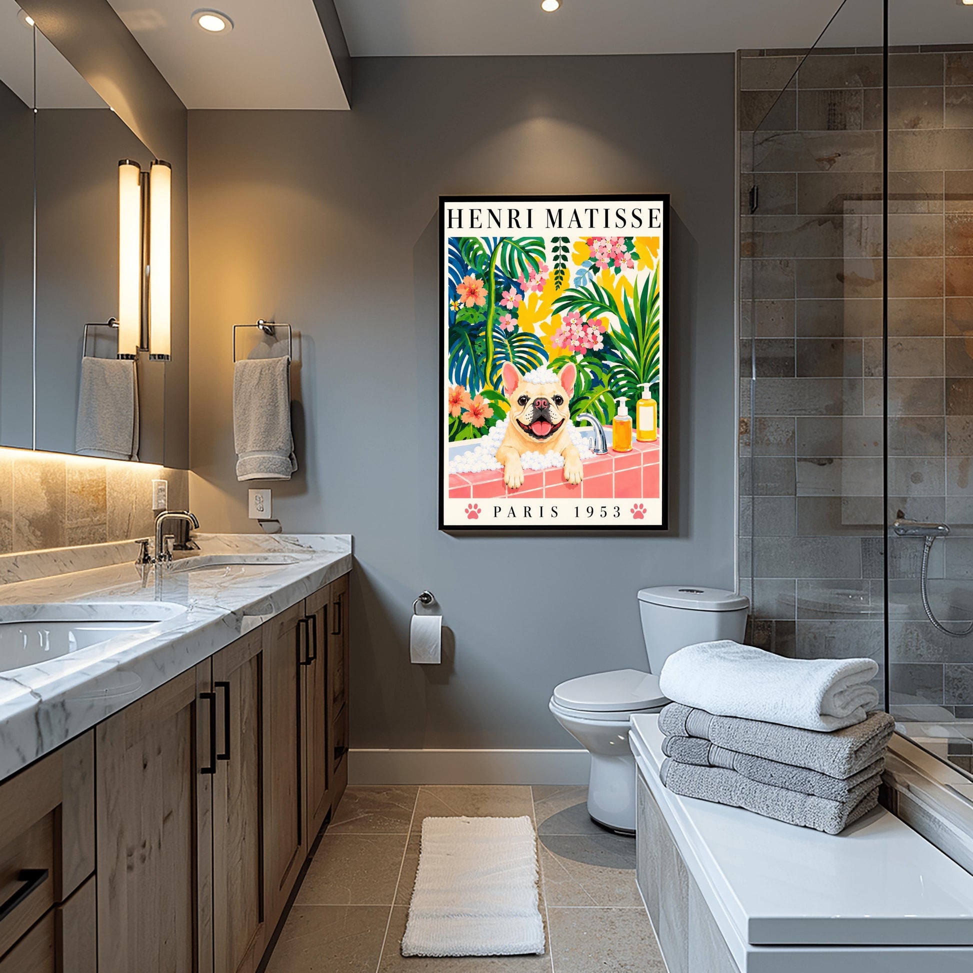 A vertical fine art exhibition poster in the style of Henri Matisse featuring a wide cream border. Bold black text reads "HENRI MATISSE" at the top and "PARIS 1953" at the bottom with two pink paw prints. The colorful painting inside depicts a cream French bulldog sitting in a bubble bath behind a pink tiled ledge, surrounded by a dense backdrop of green and blue tropical leaves, pink flowers, and yellow patterns.