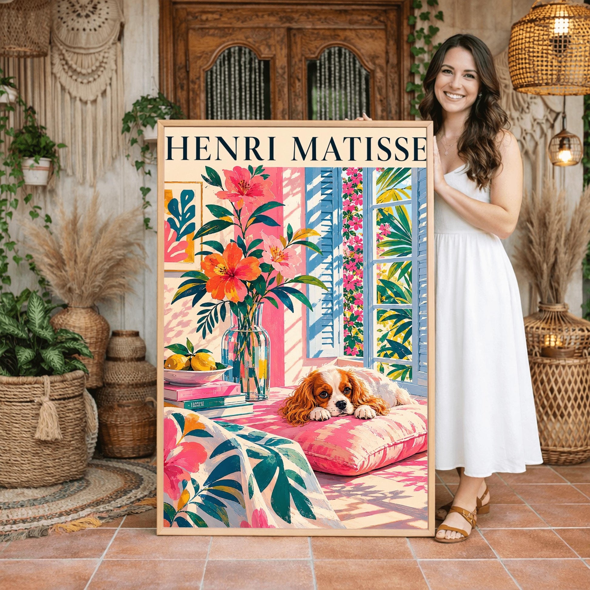 A vertical minimalist fine art exhibition poster in the style of Henri Matisse, featuring a large white border layout. In the center, a simple black line drawing outlines the head and long floppy ears of a Cavalier King Charles Spaniel dog. The illustration is accented by vibrant abstract cut-out shapes, including a solid blue organic leaf on the left, a large terracotta red shape on the right, and a bright yellow gold block at the base against a clean white background.