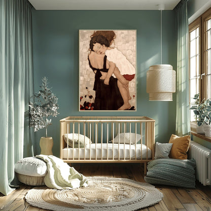 A vertical high-resolution reproduction of Gustav Klimt's Mother and Child. A mother with dark hair sleeps with her head resting against her young child, who is also asleep in her arms. The figures are surrounded by a decorative mosaic background of ivory, cream, and pastel geometric shapes. The style is soft, intimate, and characteristic of early 20th-century Art Nouveau.