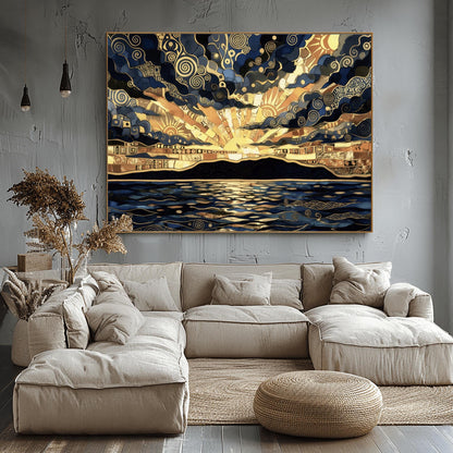 A horizontal fine art print in the style of Gustav Klimt. A golden sun sets behind a black mountain silhouette over a dark blue sea. The sky and water are filled with intricate gold leaf spirals, mosaic patterns, and geometric shapes. The color palette is a high-contrast blend of deep navy, charcoal, and radiant gold.