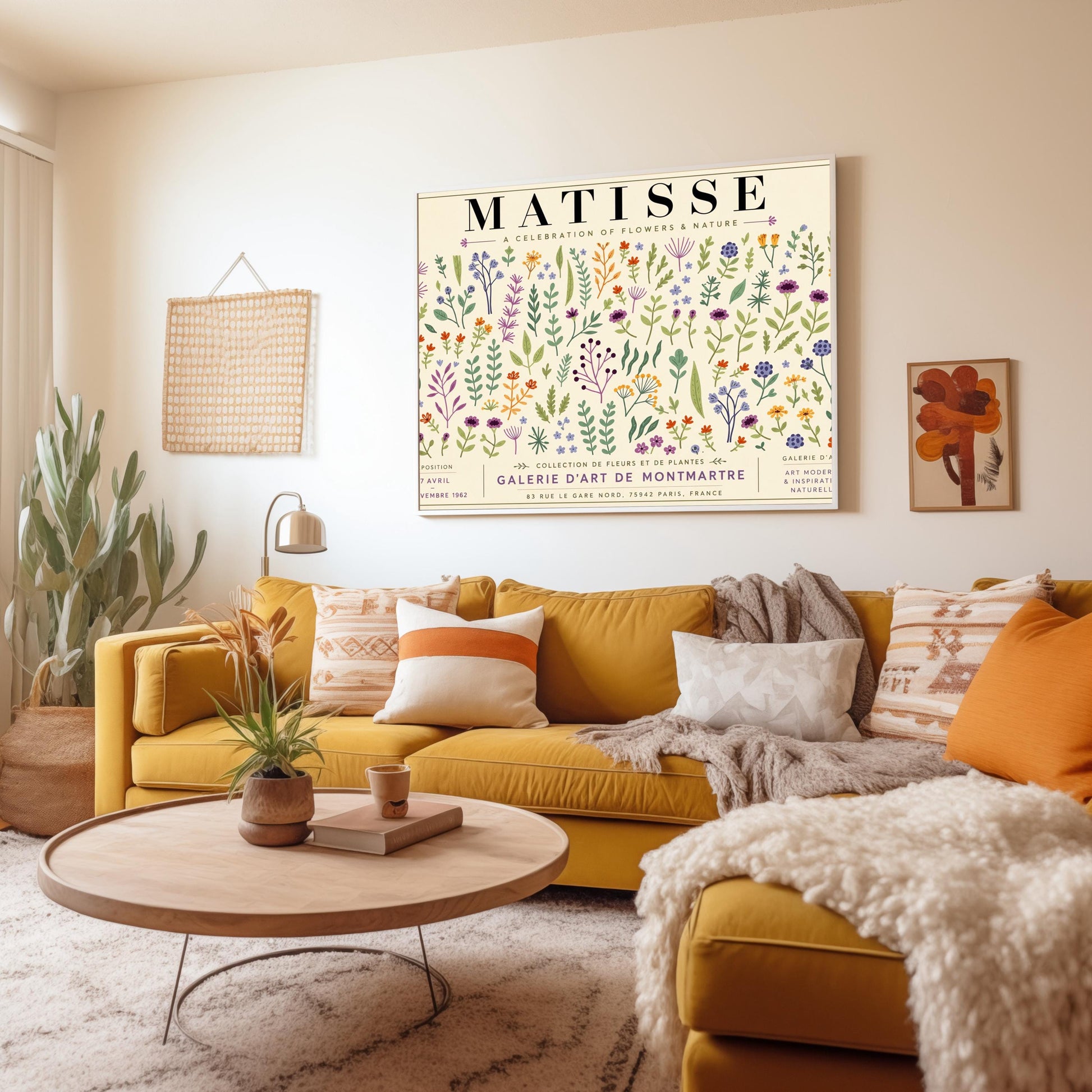 A vertical gallery exhibition poster with a warm cream border. Bold black text at the top reads "HENRI MATISSE". The central artwork is a rectangular block with a solid sand-beige background, featuring a cream silhouette of an abstract, four-petaled flower with a circular center.