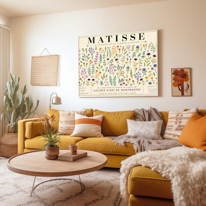 A vertical gallery exhibition poster with a warm cream border. Bold black text at the top reads "HENRI MATISSE". The central artwork is a rectangular block with a solid sand-beige background, featuring a cream silhouette of an abstract, four-petaled flower with a circular center.