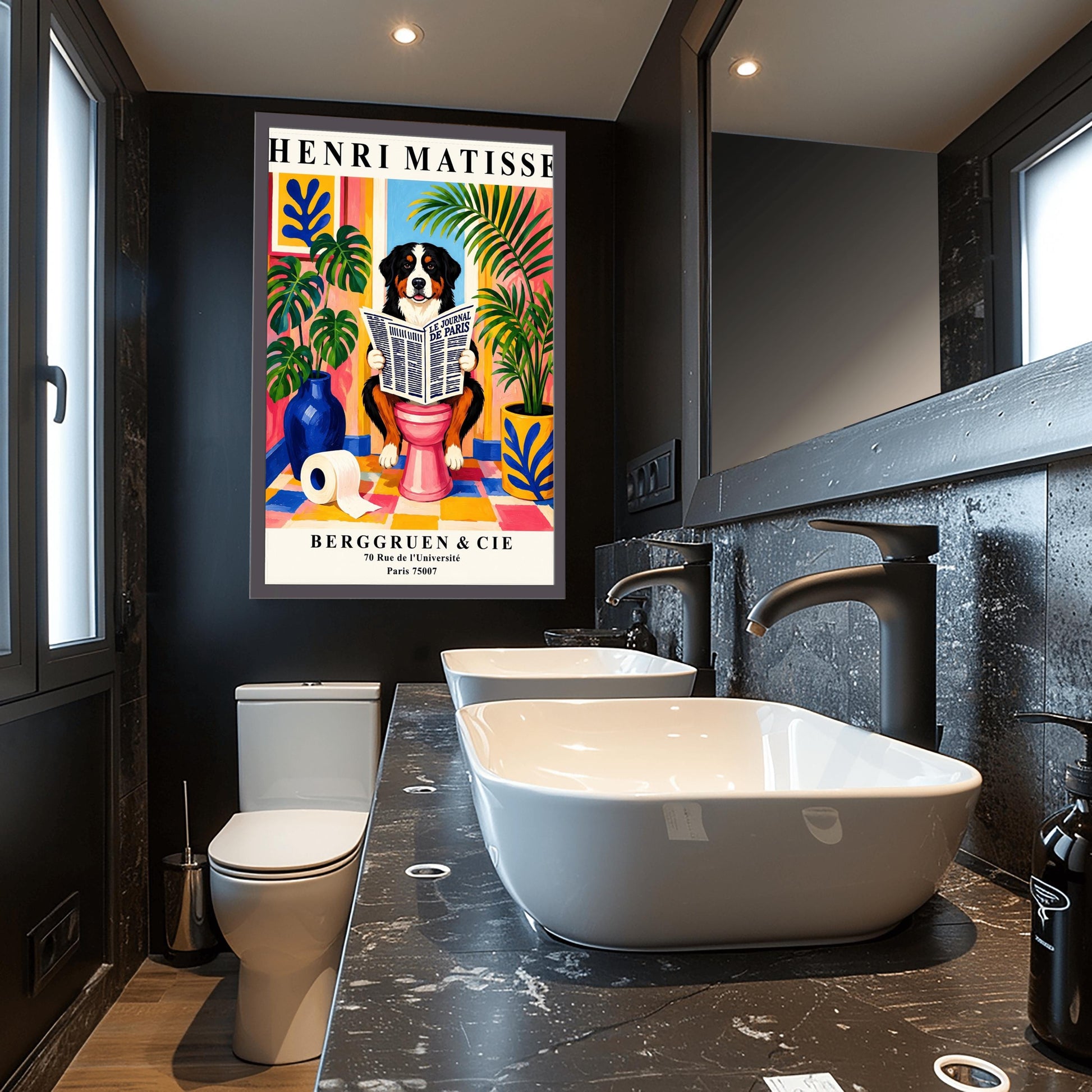 A vertical retro exhibition poster for Henri Matisse set on a wide cream border. The central image shows a colorful, painterly Fauvism illustration of a fluffy black, white, and tan Bernese Mountain Dog sitting on a pink toilet. The dog is looking forward with a slight smile while holding open a large newspaper titled "LE JOURNAL DE PARIS". The background is a bright, sunlit bathroom with pink and yellow walls, a checkered tile floor, a framed blue coral print