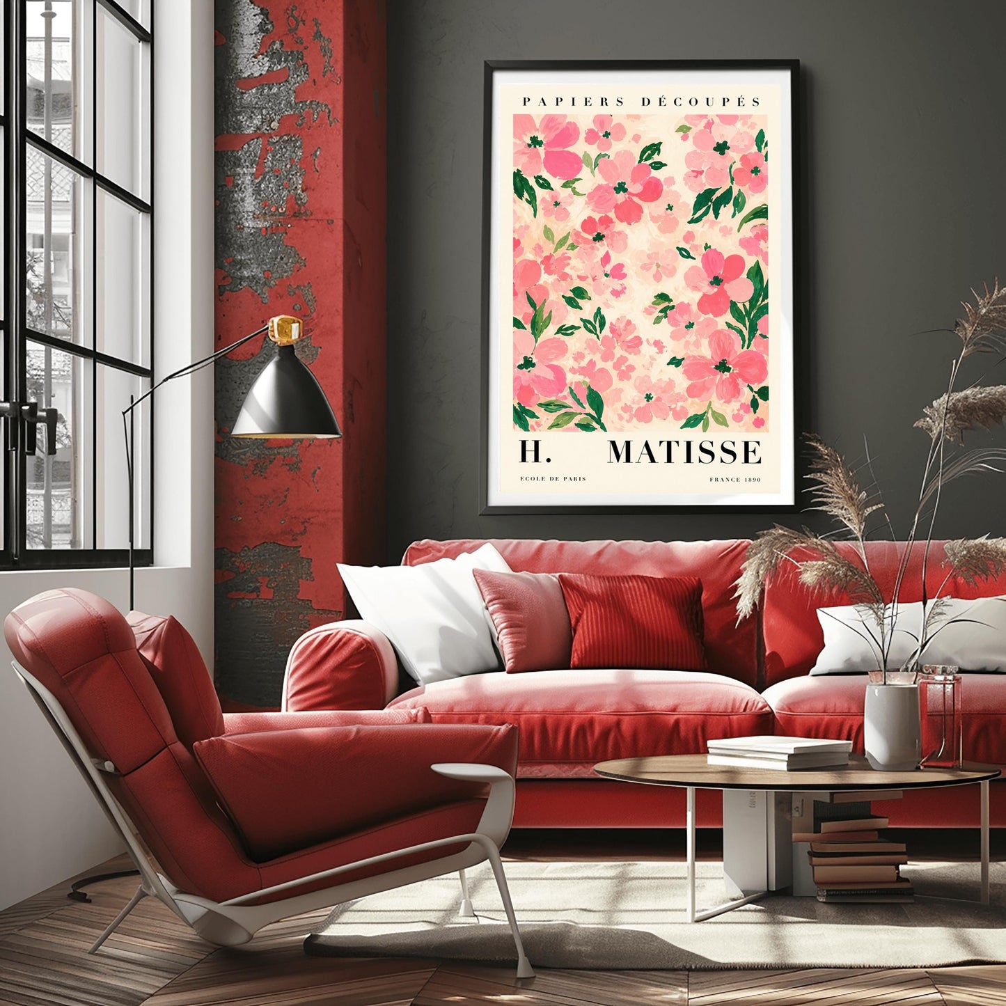A vertical art print styled as a Henri Matisse exhibition poster. The central image is a dense pattern of soft pink and rose-colored flowers with dark green leaves on a cream-colored background. The flowers are painted with visible, textured brushstrokes. Above the image, the words "PAPIERS DÉCOUPÉS" are written in a black serif font. Below the image, the text reads "H. MATISSE" in large letters, with "ECOLE DE PARIS" and "FRANCE 1890" in smaller text at the bottom.