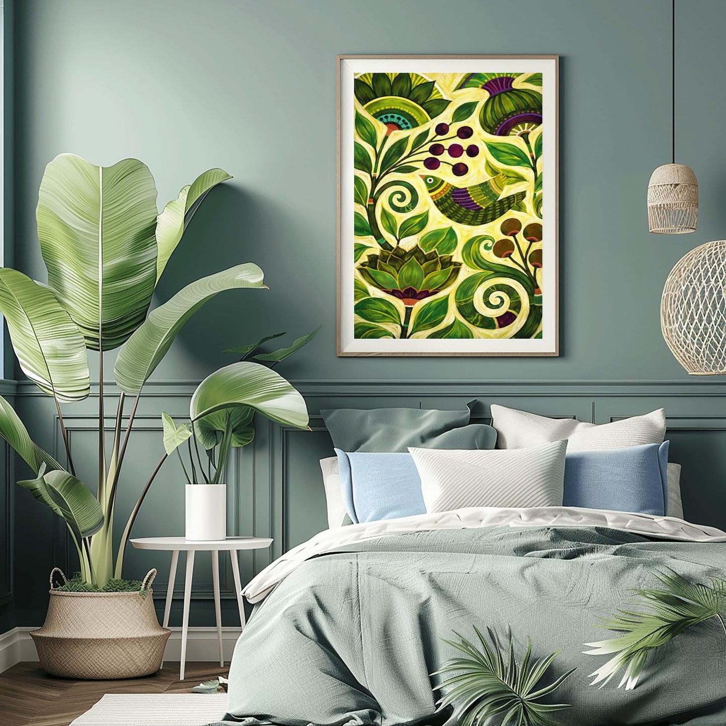 A vertical botanical art print in a modern folk style. A stylized bird with green and purple stripes is perched among thick, swirling green vines and large, pointed leaves. Clusters of dark purple berries and round brown seed pods are scattered throughout the composition. The background is a soft yellow-green, and the entire image is filled with intricate, hand-painted textures and circular patterns.