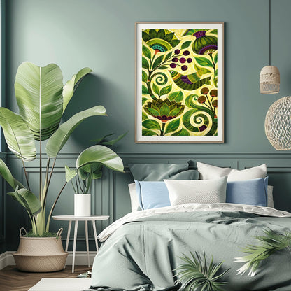 A vertical botanical art print in a modern folk style. A stylized bird with green and purple stripes is perched among thick, swirling green vines and large, pointed leaves. Clusters of dark purple berries and round brown seed pods are scattered throughout the composition. The background is a soft yellow-green, and the entire image is filled with intricate, hand-painted textures and circular patterns.