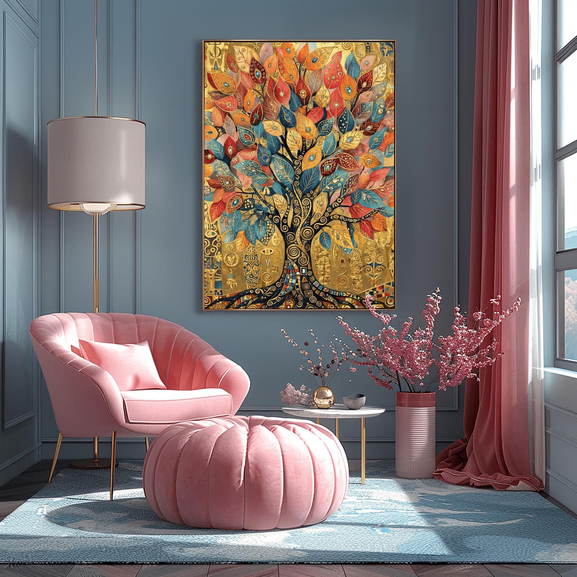 A vertical fine art print in the style of Gustav Klimt. A large tree with a dark mosaic trunk and golden swirling branches is centered on a textured gold background. The leaves are large, teardrop-shaped jewels in shades of red, orange, and blue. The background is filled with ornate golden symbols and spirals.
