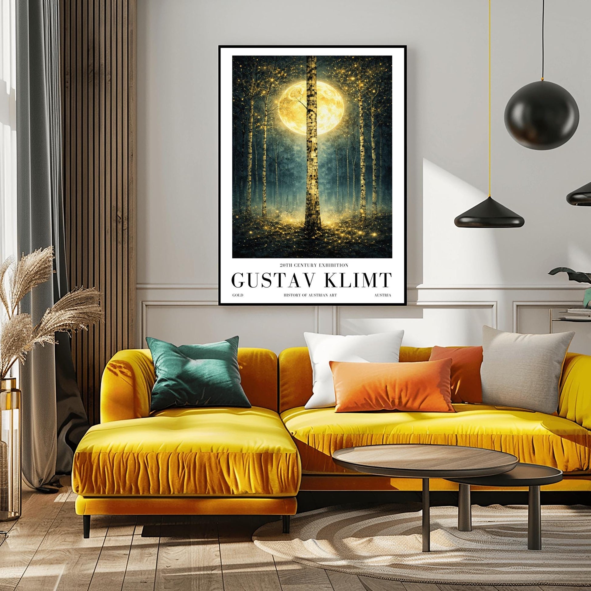 A vertical Art Nouveau-style illustration of a birch forest at night. A large golden moon hangs behind a central birch tree. The forest is filled with teal mist and shimmering golden stardust. The trees have intricate, mosaic-like textures on their bark.