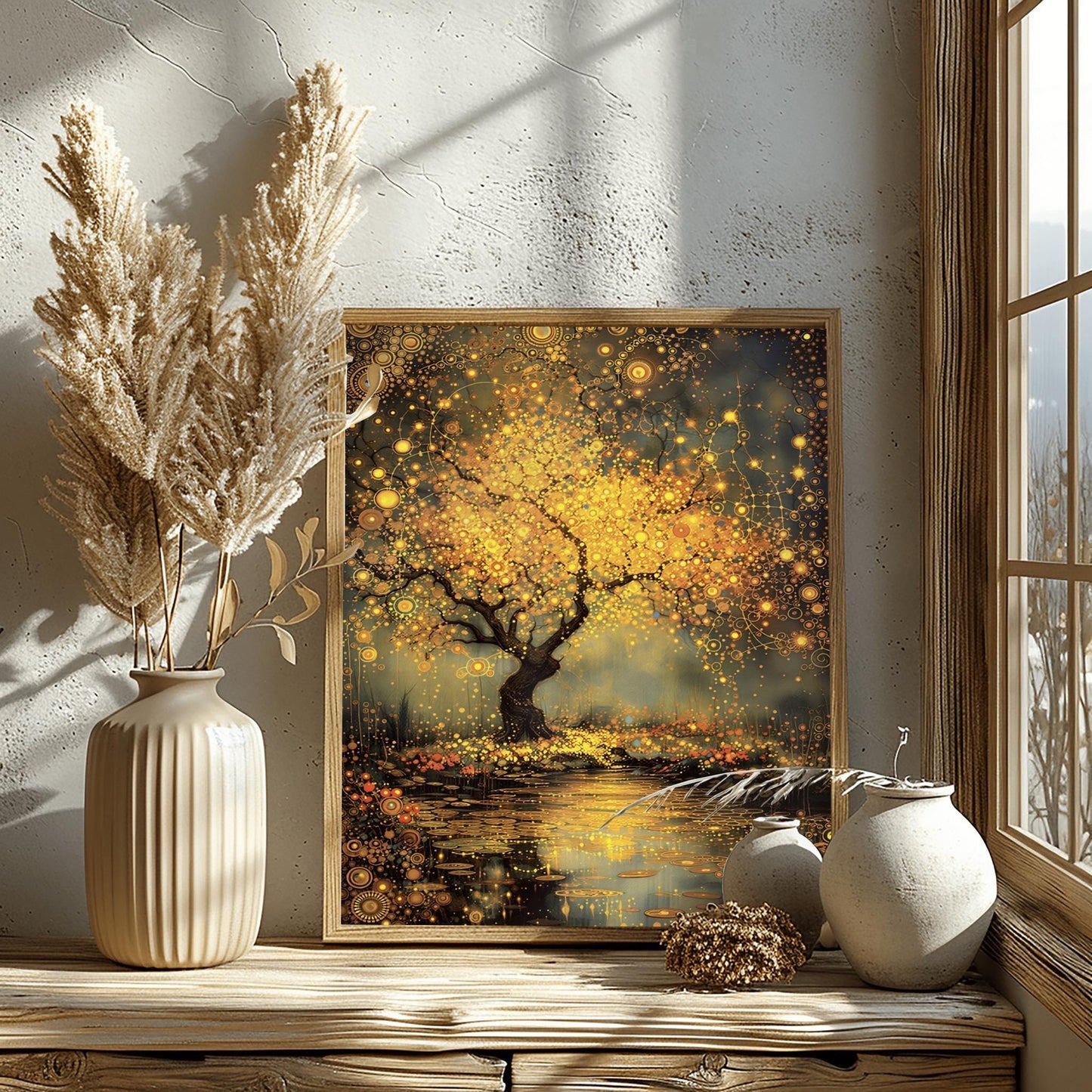 A vertical, highly detailed painting in the style of Gustav Klimt. A large tree with a dark, twisted trunk stands beside a dark pond. The tree's branches are a dense explosion of golden circular patterns, spirals, and mosaic-like flowers. The pond below reflects the golden light and is dotted with glowing lily pads. The background is a moody, textured grey-green. The entire scene is rich with golden textures and intricate geometric details.