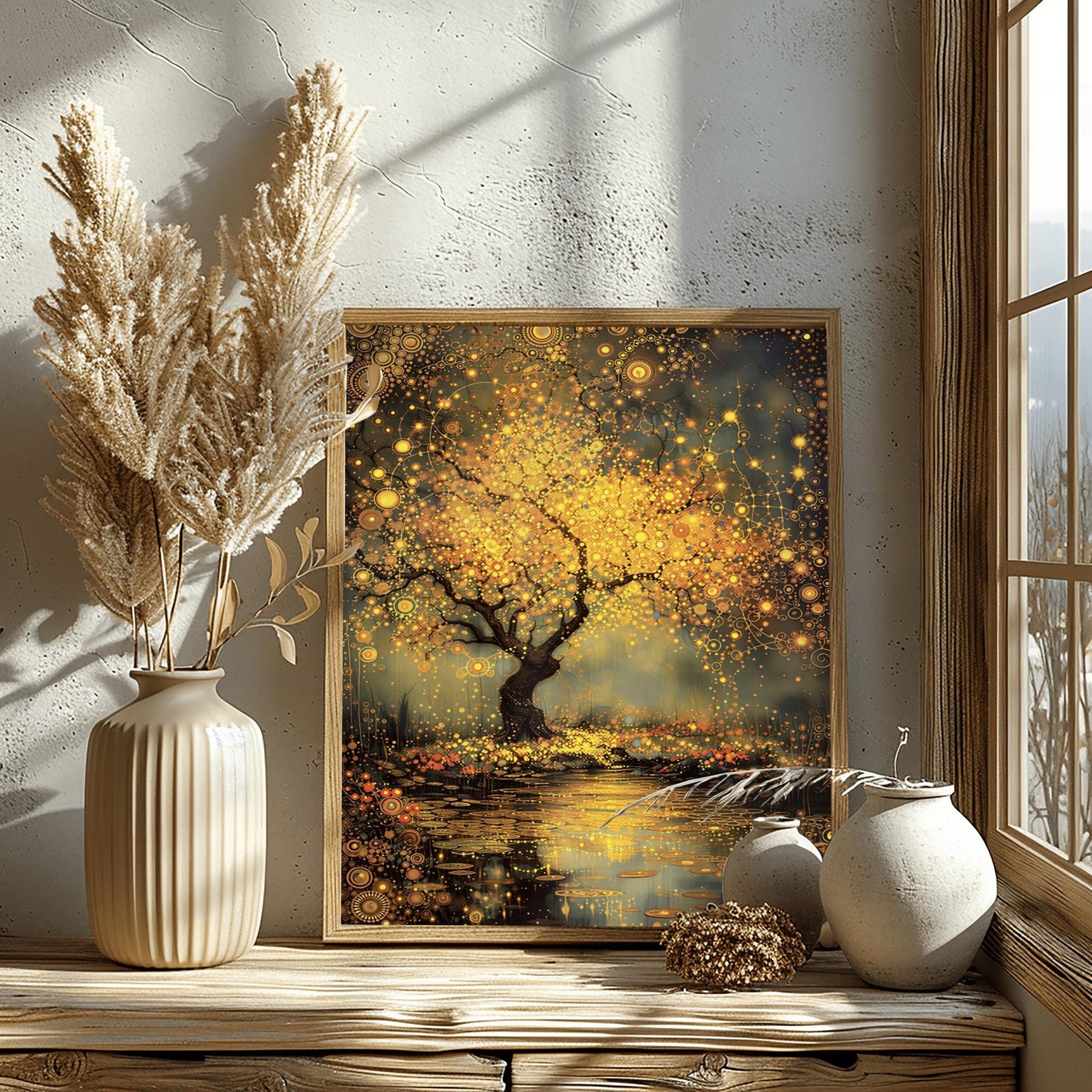 A vertical, highly detailed painting in the style of Gustav Klimt. A large tree with a dark, twisted trunk stands beside a dark pond. The tree's branches are a dense explosion of golden circular patterns, spirals, and mosaic-like flowers. The pond below reflects the golden light and is dotted with glowing lily pads. The background is a moody, textured grey-green. The entire scene is rich with golden textures and intricate geometric details.