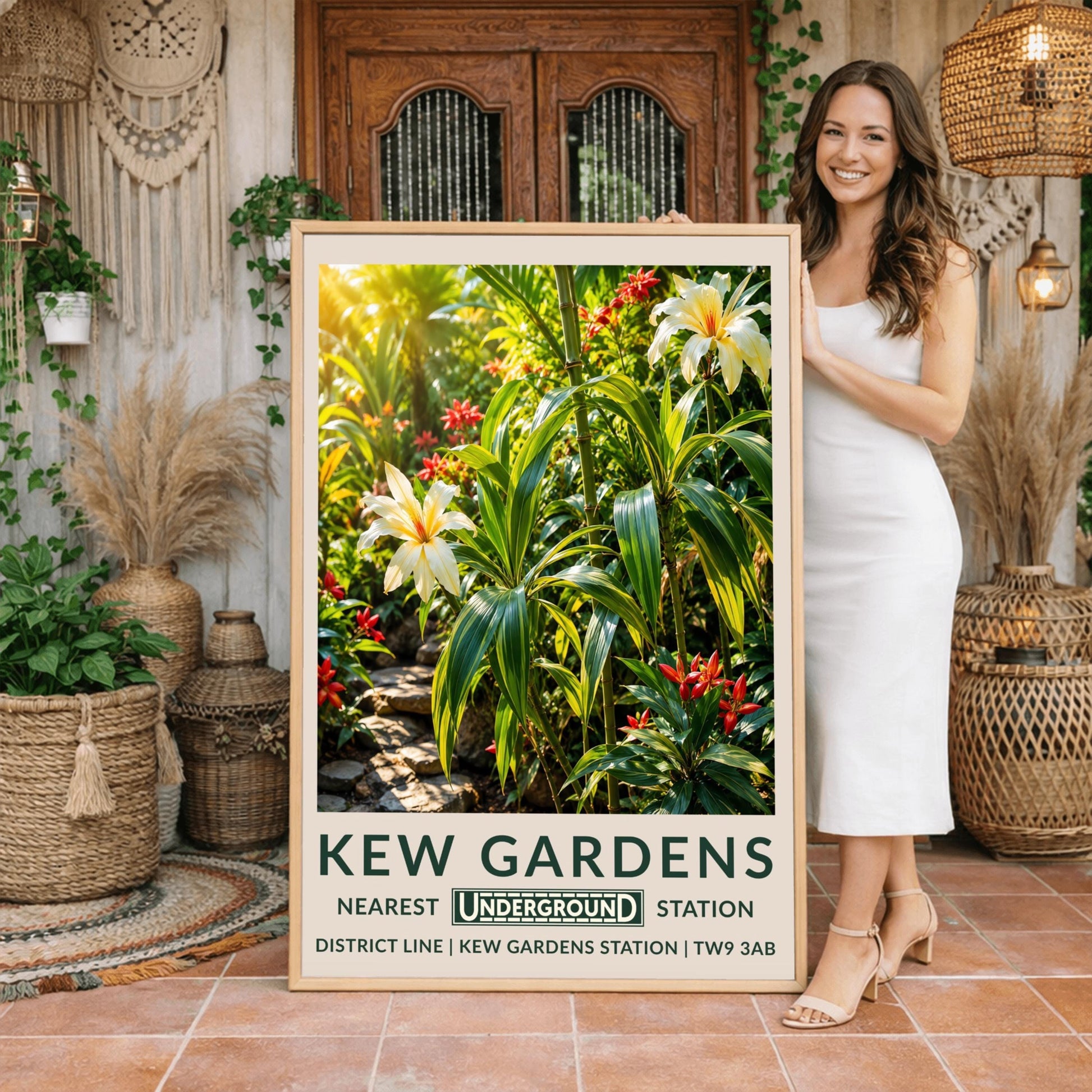 A vertical retro London Underground travel poster for Kew Gardens on a wide cream border. The top image shows a lush, sun-drenched illustration of a tropical jungle interior. In the foreground are large variegated green-and-yellow striped leaves and green bamboo stalks, accented by two large, cream-colored lilies with yellow and orange centers. Small, pointed crimson red flowers are scattered throughout the dense greenery, and a stepping-stone path is visible on the lower left.