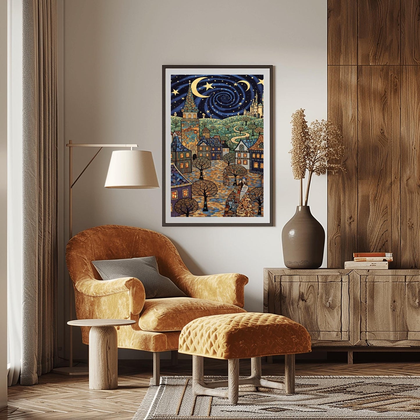 A vertical fine art print in the style of Gustav Klimt. A whimsical European village with mosaic-patterned houses and a tall tower sits under a swirling dark blue night sky. The sky features a large golden vortex, crescent moons, and stars. The ground is a colorful mosaic cobblestone path with spiral-patterned trees.