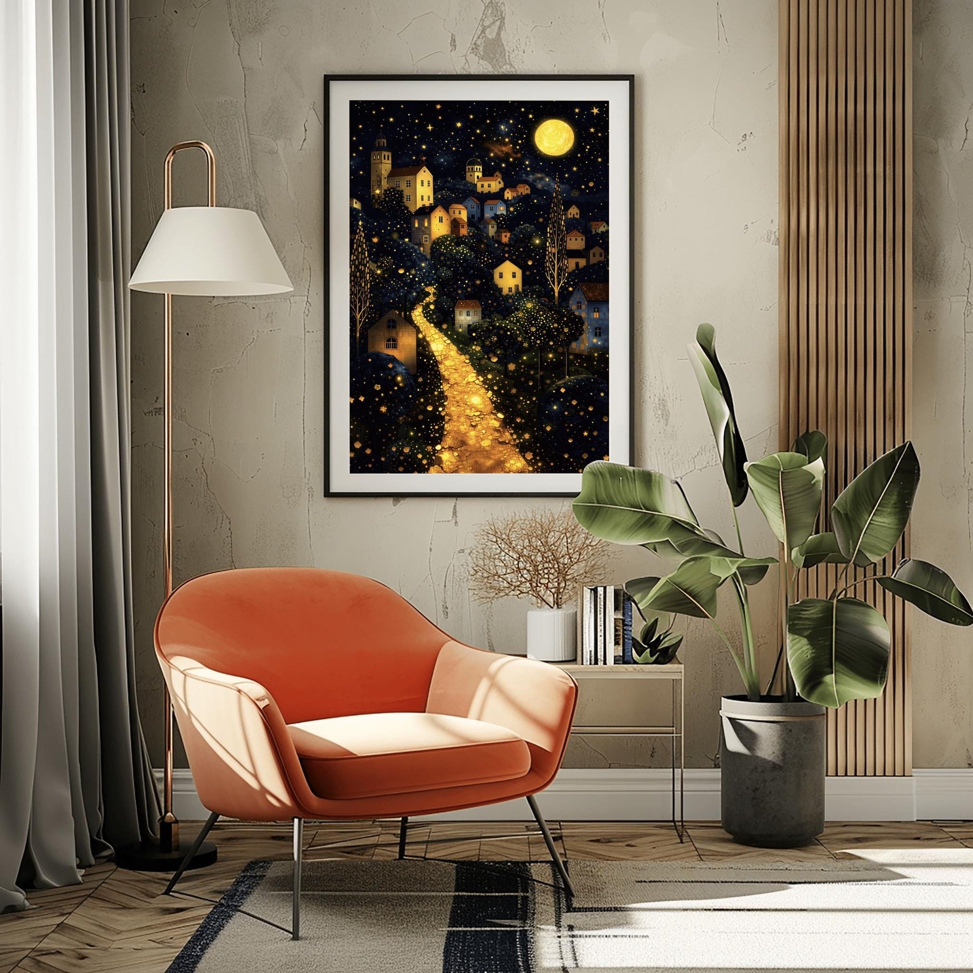 A vertical fine art landscape in the style of Gustav Klimt. A brilliant, glowing golden path winds up a dark hillside toward a village with lit windows. The deep blue night sky is filled with many stars and a large, textured golden moon. The trees are decorated with small, shimmering golden dots.
