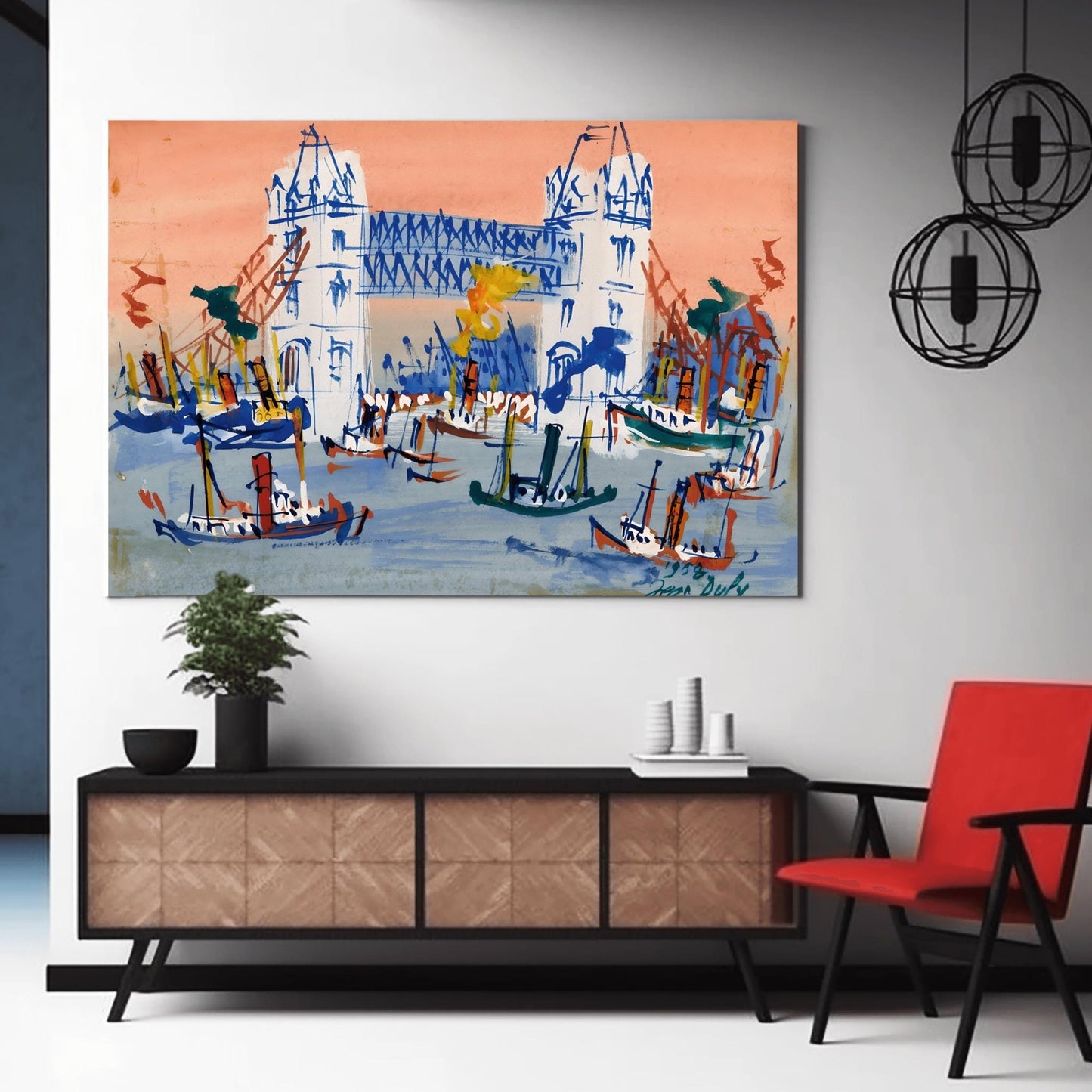 A horizontal expressionist painting of Tower Bridge in London by Jean Dufy. The bridge is rendered in white and blue lines against a coral pink sky. The River Thames in the foreground is filled with many small, sketchy blue and brown boats with smoke stacks.