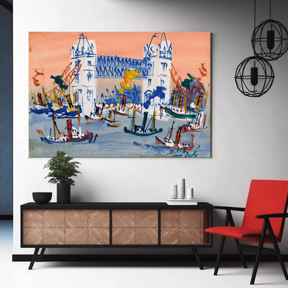 A horizontal expressionist painting of Tower Bridge in London by Jean Dufy. The bridge is rendered in white and blue lines against a coral pink sky. The River Thames in the foreground is filled with many small, sketchy blue and brown boats with smoke stacks.