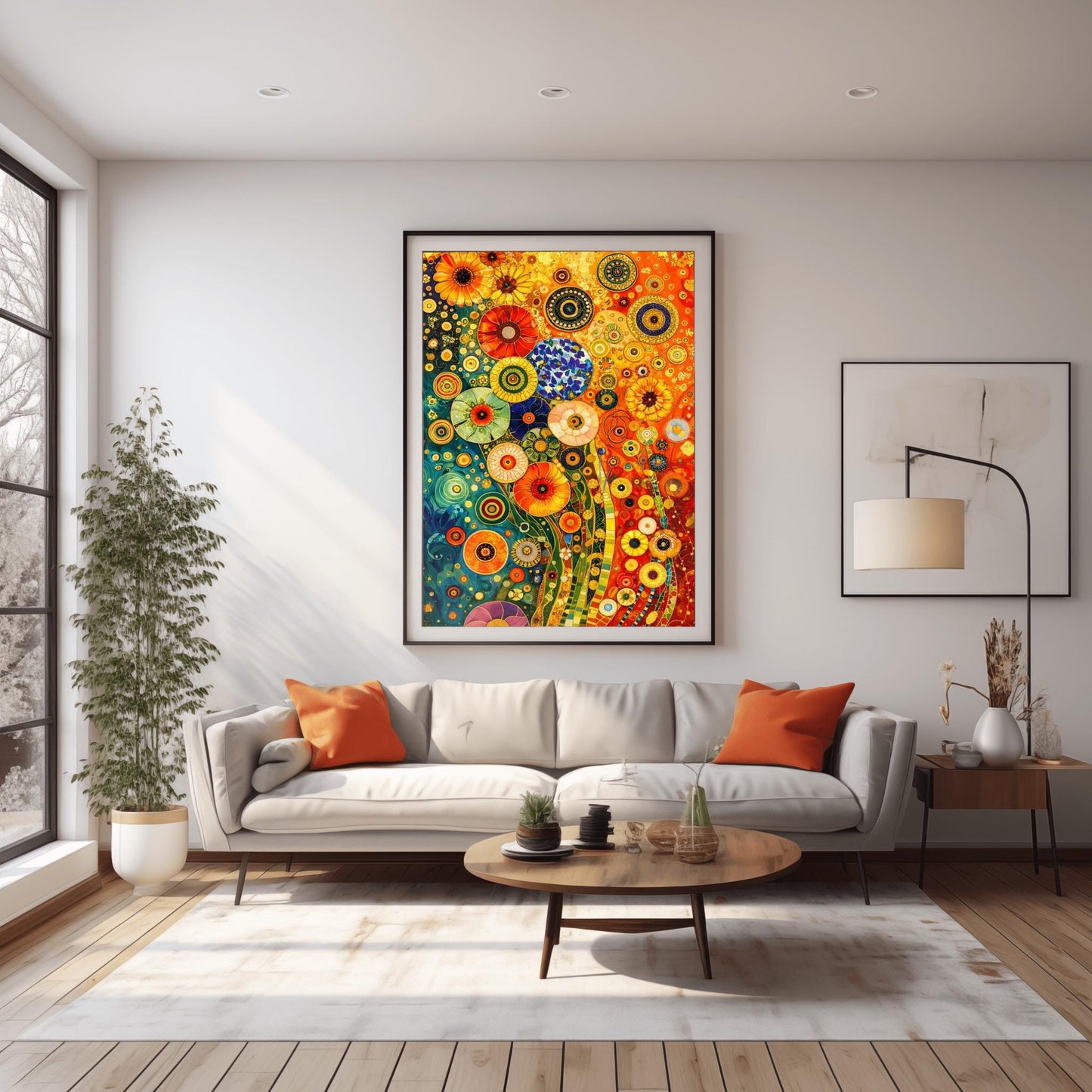 A vertical fine art print in the style of Gustav Klimt. A dense, abstract field of stylized flowers made of colorful mosaic circles and geometric patterns. The left side is a deep teal blue, while the right side is a warm, glowing orange. Shimmering gold flecks and tiled stems wind through the composition.