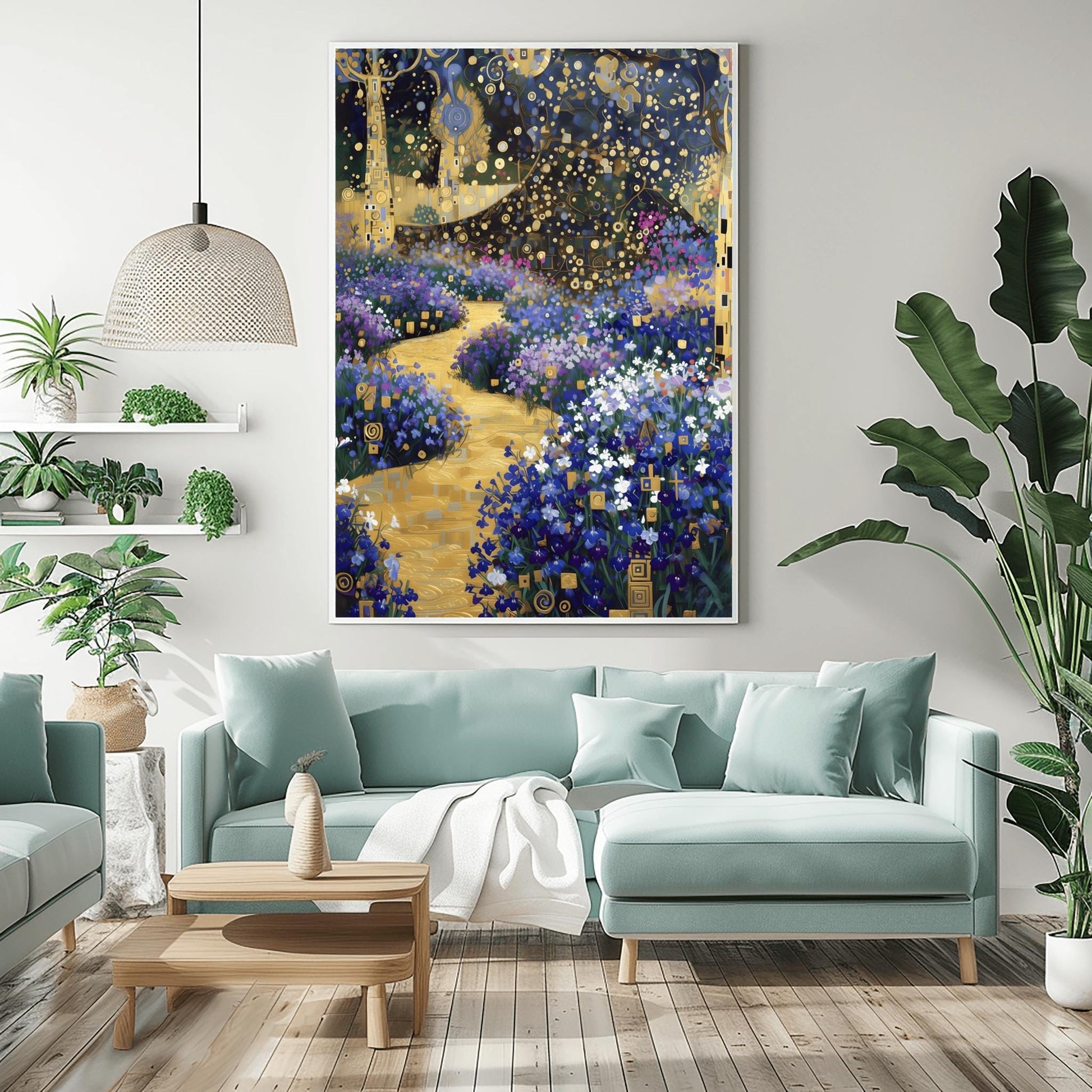 A vertical fine art print in the style of Gustav Klimt. A winding, textured golden path leads through a garden of blue and purple flowers. Stylized trees with golden mosaic patterns on their trunks stand on the sides under a dark blue sky filled with golden circles and star-like shapes.