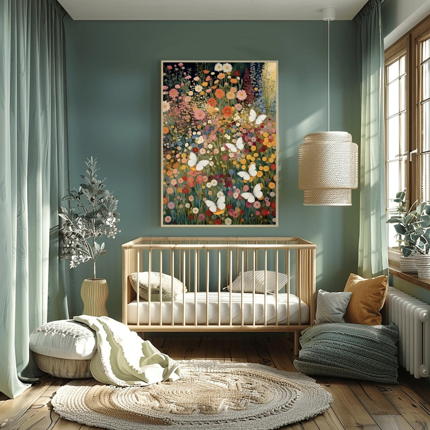 A vertical fine art painting in the style of Gustav Klimt. A dense field of colorful wildflowers in shades of orange, pink, yellow, and red fills the frame. Several large, delicate white butterflies are scattered throughout the meadow, appearing to fly toward a soft golden light in the upper right corner. The style is highly textured with decorative mosaic patterns.