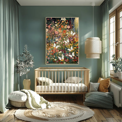 A vertical fine art painting in the style of Gustav Klimt. A dense field of colorful wildflowers in shades of orange, pink, yellow, and red fills the frame. Several large, delicate white butterflies are scattered throughout the meadow, appearing to fly toward a soft golden light in the upper right corner. The style is highly textured with decorative mosaic patterns.