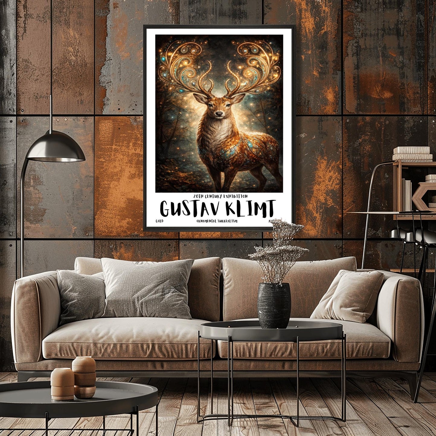 A vertical full-bleed illustration of a stag in the style of Gustav Klimt. The stag has massive, swirling golden antlers decorated with glowing gems. Its body is a mosaic of gold and turquoise. It stands in a misty, dark forest filled with golden sparks and floating embers.