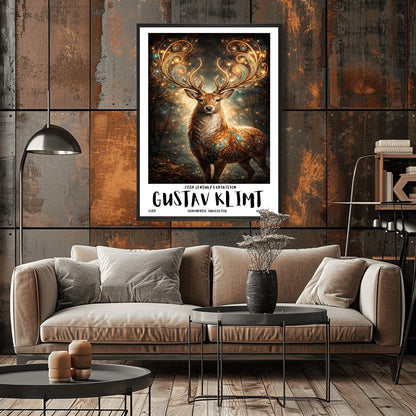 A vertical full-bleed illustration of a stag in the style of Gustav Klimt. The stag has massive, swirling golden antlers decorated with glowing gems. Its body is a mosaic of gold and turquoise. It stands in a misty, dark forest filled with golden sparks and floating embers.