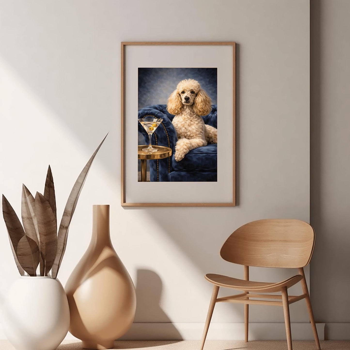 A vertical oil-style painting of a well-groomed white poodle sitting regally on a plush, dark blue velvet tufted armchair. To the left, a glass martini with two green olives on a toothpick sits on a round gold side table. The poodle has a calm, sophisticated expression. The background is a moody, dark grey-blue with visible painterly textures.