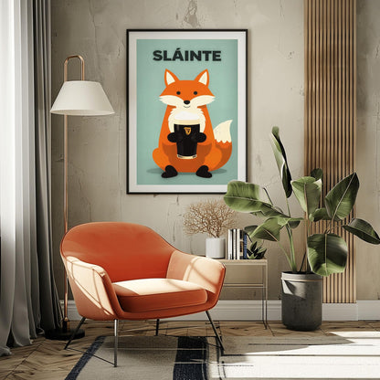 A vertical modern illustration of a cute orange fox sitting and holding a pint of Guinness with both paws. The word "SLÁINTE" is written in bold gray letters at the top. The background is a soft, textured mint green.