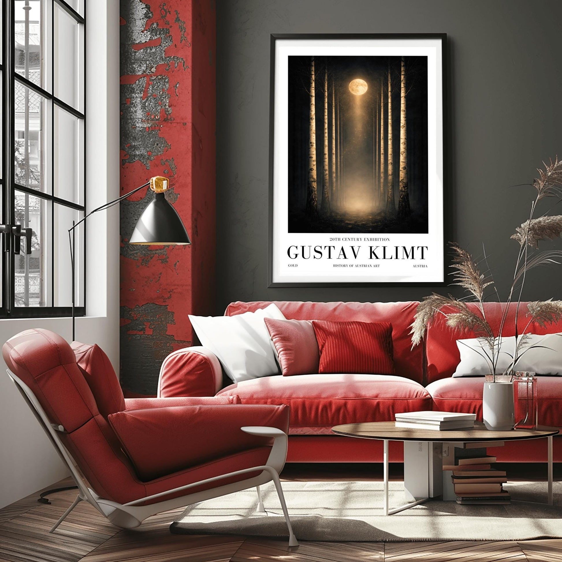 A vertical, perfectly symmetrical illustration of a birch forest at night. Three slender birch trees frame each side of a central path. A golden moon at the top center casts a beam of light downward onto a glowing forest floor. The trees feature intricate golden mosaic bark.
